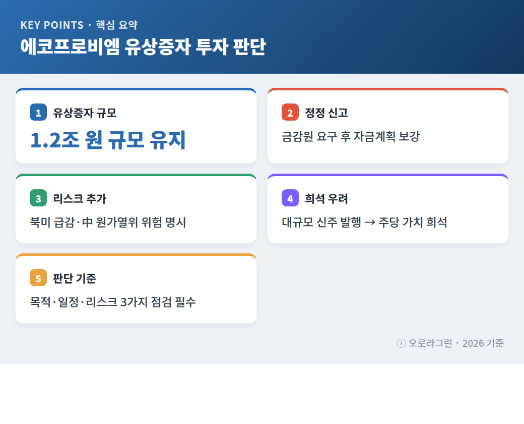 에코프로비엠 유상증자 투자 판단 핵심 요약 인포그래픽