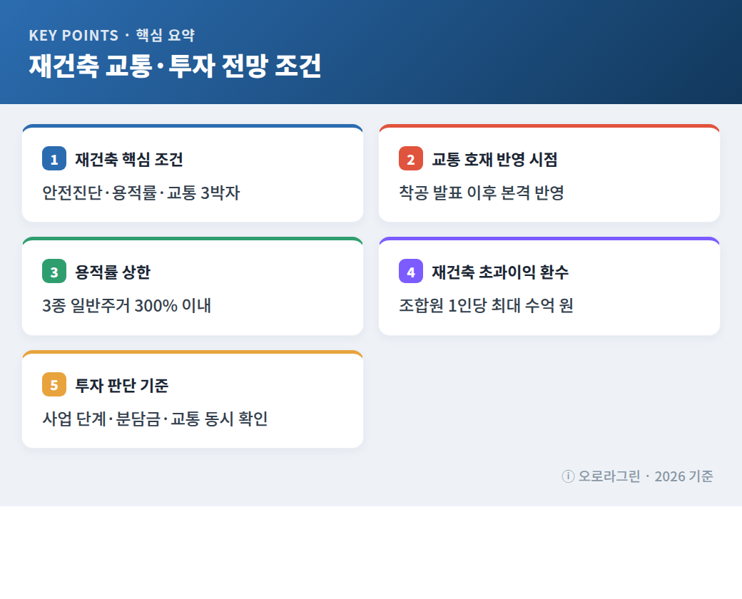 재건축 교통·투자 전망 조건 핵심 요약 인포그래픽